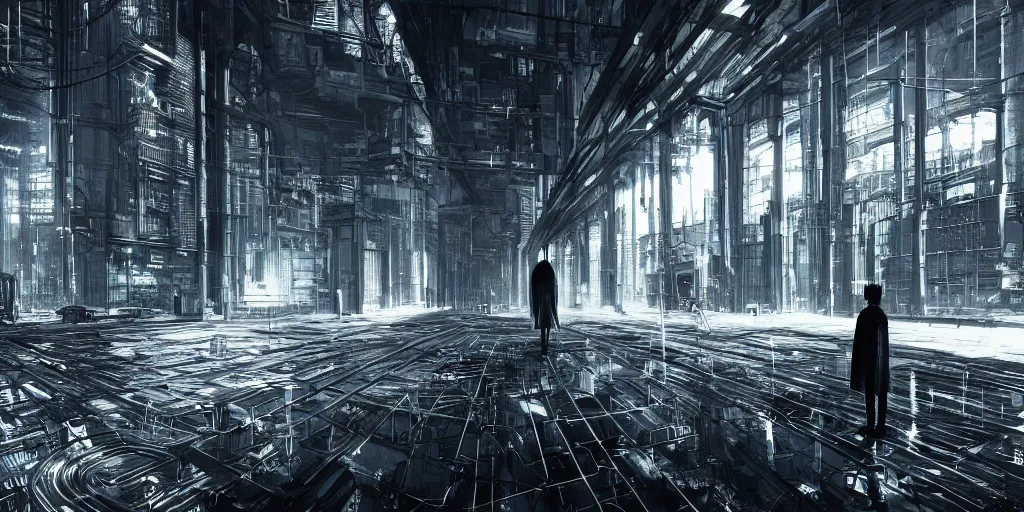 Image similar to lonely stranger inside a hall of monumental cyberpunk industrial factory megacomplex; by tsutomi nihei; hyperrealistic, 4K wallpaper, highly detailed-H 768