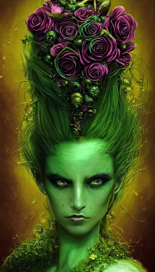 Image similar to portrait of magical green goblin female , dark fantasy, gradient green black, intricated, plants, roses, spikes, dreamy and ethereal, (colour) eyes, one head, golden ratio, peaceful expression, ornate frilly dress, fantasy, intricate, elegant, rainbow bubbles, highly detailed, digital painting, artstation, concept art, smooth,b sharp focus, illustration, art by artgerm and greg rutkowski and alphonse mucha