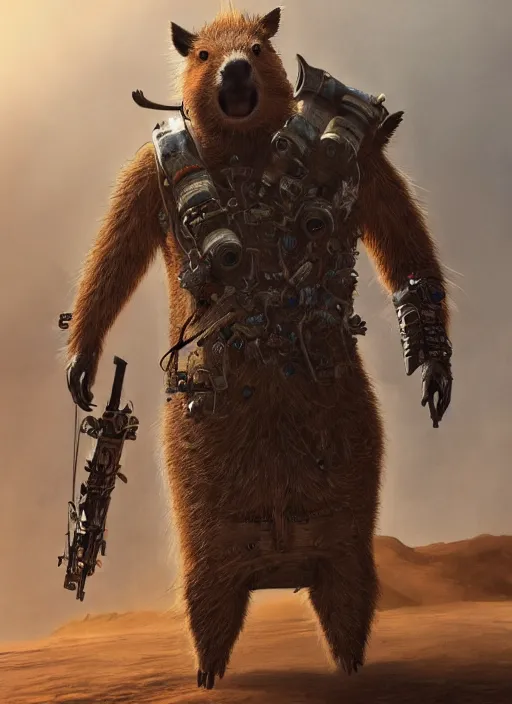 Image similar to detailed full body concept art illustration oil painting of an anthropomorphic capybara mad max in full intricate clothing, biomutant, dystopian, ultra detailed, digital art, octane render