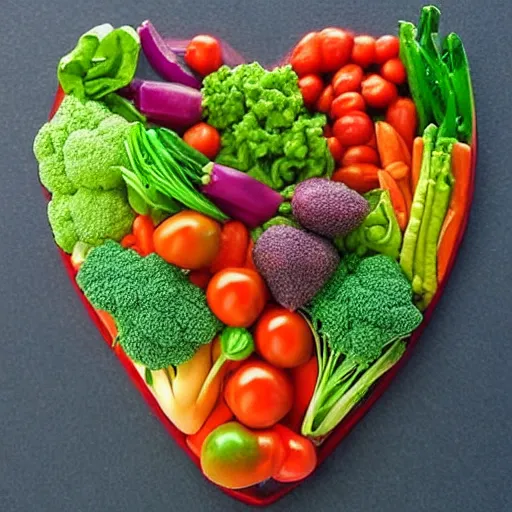 Prompt: a heart made out of vegetables, realistic, very detailed,