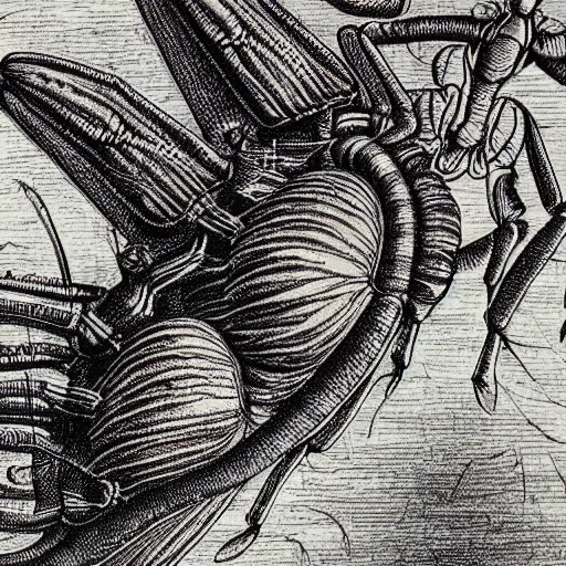 Image similar to detailed color technical drawing of alien bugs by da vinci