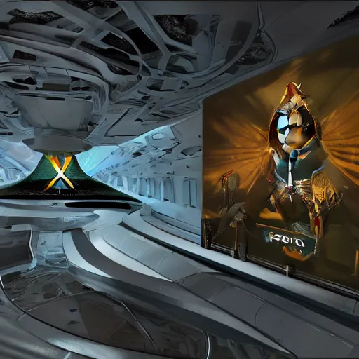 Image similar to sci-fi speed x y u shape wall structure on the coronation of napoleon painting and digital billboard in the middle, unreal engine 5, keyshot, octane, artstation trending, ultra high detail, ultra realistic, cinematic, 8k, 16k, in style of zaha hadid, in style of photogrammetry point cloud, in plastic,dark, tilt shift,