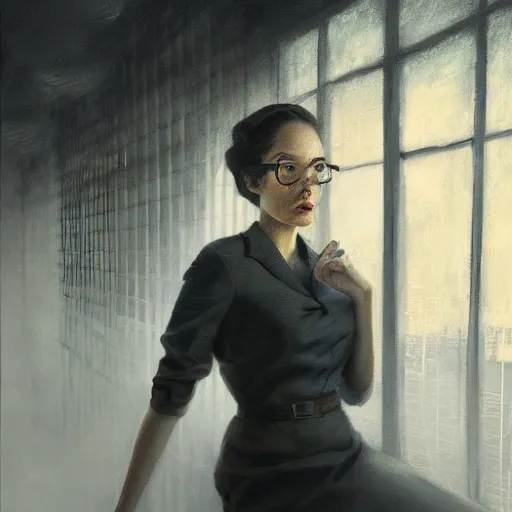 Image similar to detailed face of an intelligent clothed woman with kind eyes in a architectonic courtyard with whisps of smoke at a science expo, atmospheric, ambient, pj crook, syd mead, livia prima, artgerm, greg rutkowski, nick alm, casey baugh