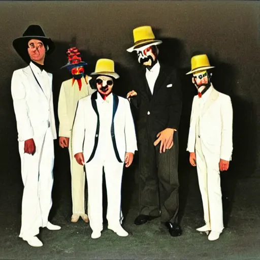 Prompt: a group of men in white suits and hats, a colorized photo by david diao, reddit contest winner, art brut, 1 9 7 0 s, 1 9 9 0 s, freakshow