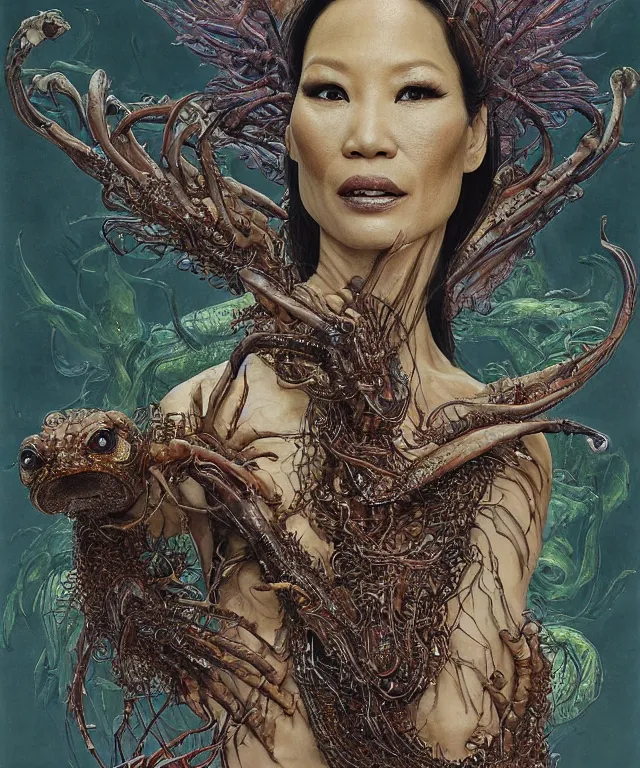 Prompt: a portrait photograph of a fierce lucy liu as an alien harpy queen with slimy amphibian skin. she is trying on evil bulbous slimy organic membrane fetish fashion and transforming into a fiery succubus insectoid amphibian. by donato giancola, walton ford, ernst haeckel, brian froud, hr giger. 8 k, cgsociety