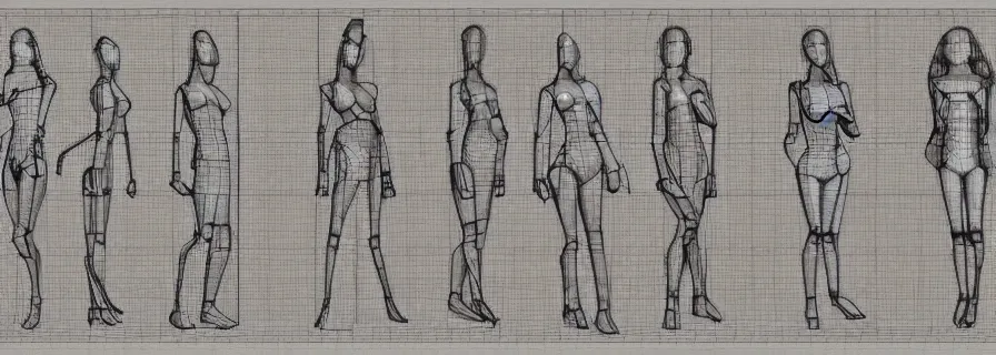 Image similar to pattern of anthropomorphic cute 3 d females accompanying artificial intelligence blueprint, leonard da vinci style