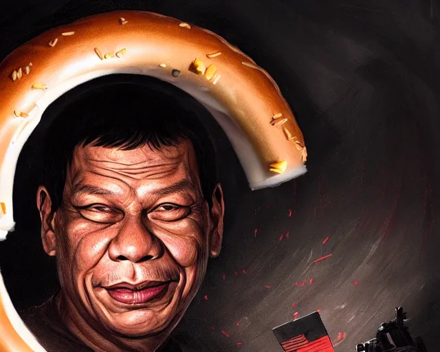 Image similar to rodrigo duterte face in a donut, detailed intricate illustration, dark atmosphere, detailed illustration, hd, 4 k, digital art, overdetailed art, by greg rutkowski, by loish, complementing colors, trending on artstation, deviantart