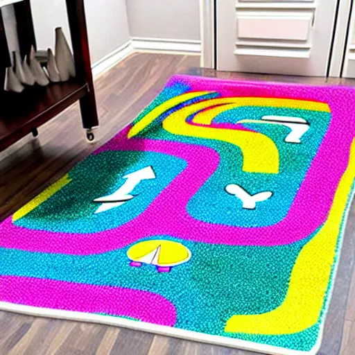 Image similar to a futuristic kids road map carpet rug, designed by lisa frank