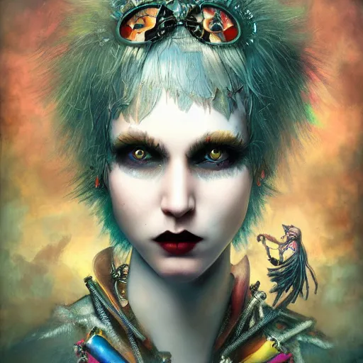 Prompt: photorealistic portrait of a curiosities carnival, single doll punk in a full gothic armor, multiple dyed colors haircut, marvel, symmetry accurate features, focus, rainbow lighting, very intricate details, award winning masterpiece, by tom bagshaw, ultra deep fog background