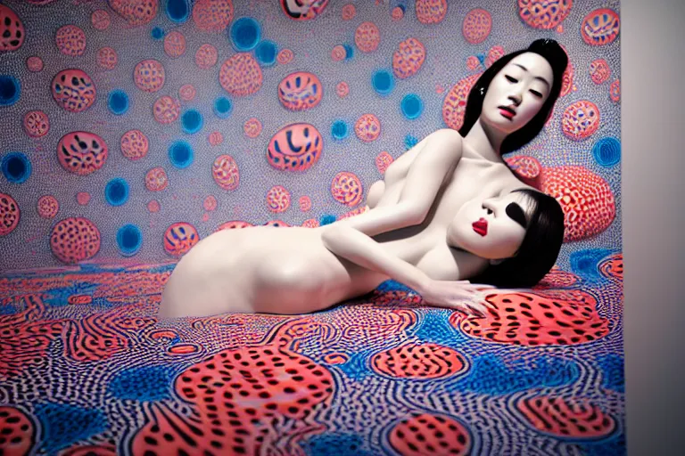 Image similar to hyperrealistic detailed image of a geisha laying in a art installation room, hd smooth interior by yayoi kusama, part by kei mieno, part by ross tran, dark art by james jean, ultra realistic, highly detailed, life like face, detailed body, 8 k, 3 d render by roger magrini, very cohesive, masterpiece