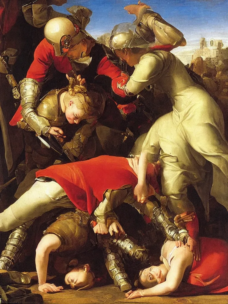 Image similar to the soldier bowed the queen down to the ground and laid his hand on top of her head, baroque painting