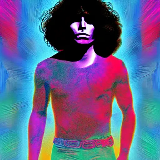 Prompt: A festival poster of Jim Morrison in the Astral Plane, haunting digital art