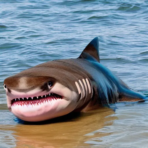 Prompt: photo of a furry shark sunbathing