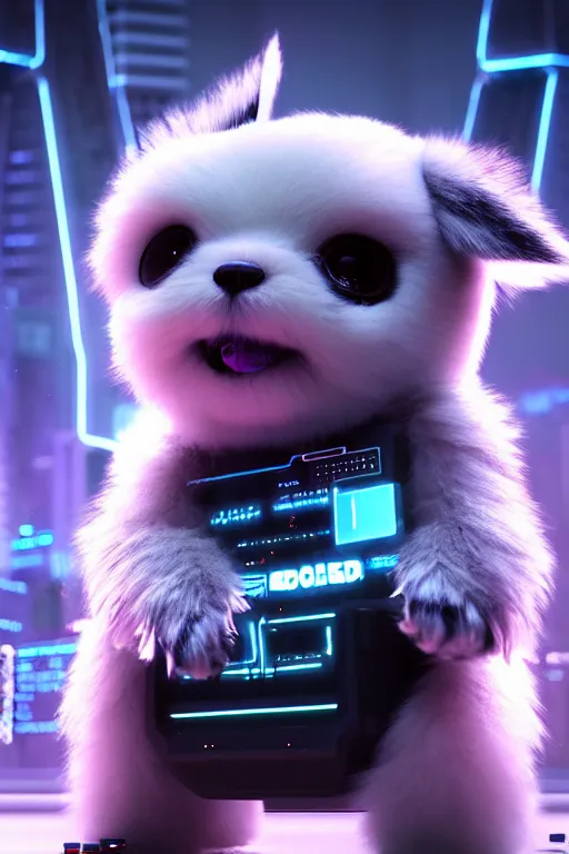 Prompt: high quality 3 d render very cute fluffy cyborg!! dog! plays synthesizer, cyberpunk highly detailed, unreal engine cinematic smooth, in the style of blade runner & detective pikachu, hannah yata charlie immer, moody light, low angle, uhd 8 k, sharp focus