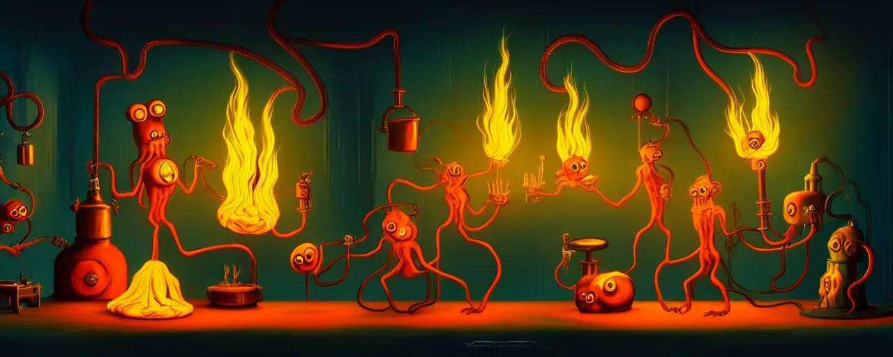 Prompt: uncanny alchemist chthonic creatures in a fiery alchemical lab, dramatic lighting, surreal 1 9 3 0 s fleischer cartoon characters, surreal painting by ronny khalil
