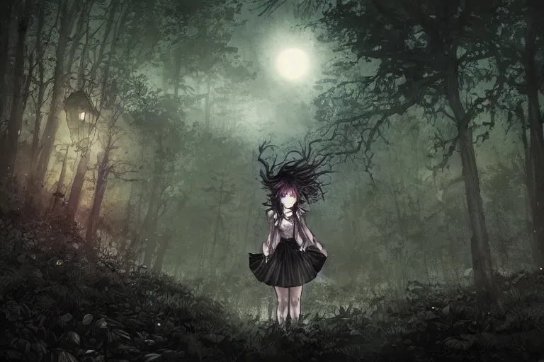 Image similar to goth woman in a moonlight view, in a forest, a river, tankoban, 4 k, tone mapping, akihiko yoshida, james jean andrei riabovitchev marc simonetti, yoshitaka amano, long hair, curly, h. hydrochaeri
