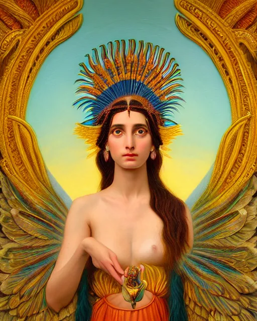 Image similar to portrait of the beautiful young goddess of birds, unusual beauty, etheric, outworldly colours, emotionally evoking symbolic metaphors, head in focus, fantasy, ornamental, intricate, elegant, highly detailed painting style photo, artstation, concept art, painterly, golden ratio, sharp focus, illustration, art by john william godward and leonora carrington and alphonse mucha,