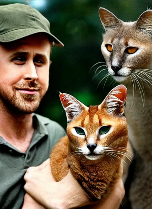 Prompt: Ryan Gosling and caracal cat