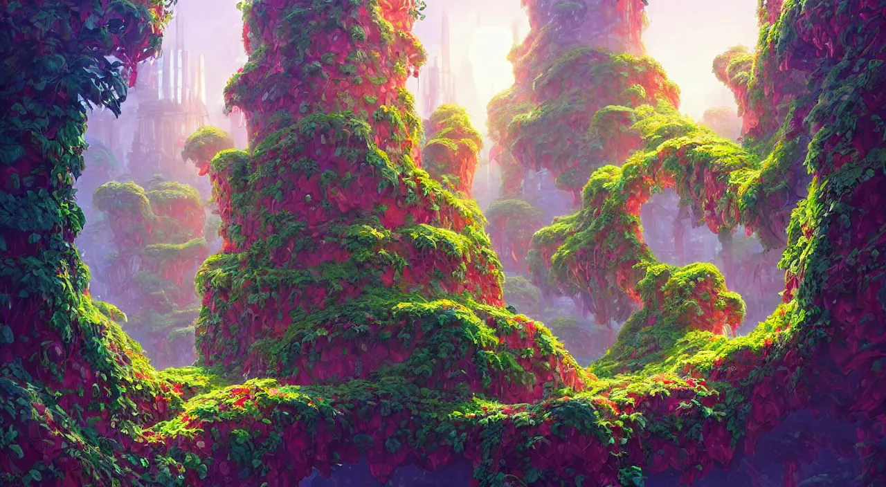 Image similar to Strawberry bushes fall time futuristic temple of olympus glory sci-fi city of Atlantis hill valley grec greeble wood bridge painting of tower ivy plant in marble , behance hd by Jesper Ejsing, by RHADS, Makoto Shinkai and Lois van baarle, ilya kuvshinov, rossdraws global illumination