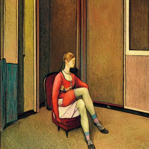 Image similar to a lonely girl in a liminal hotel room, baroque wallpaper, film still by kubrik, depicted by balthus, limited color palette, very intricate, art nouveau, highly detailed, lights by hopper, soft pastel colors, minimalist