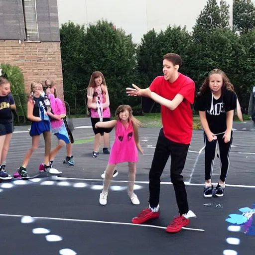 Image similar to pete davidson playing jump rope with a bunch of small girls, cheering him on, pete davidson is wearing all black