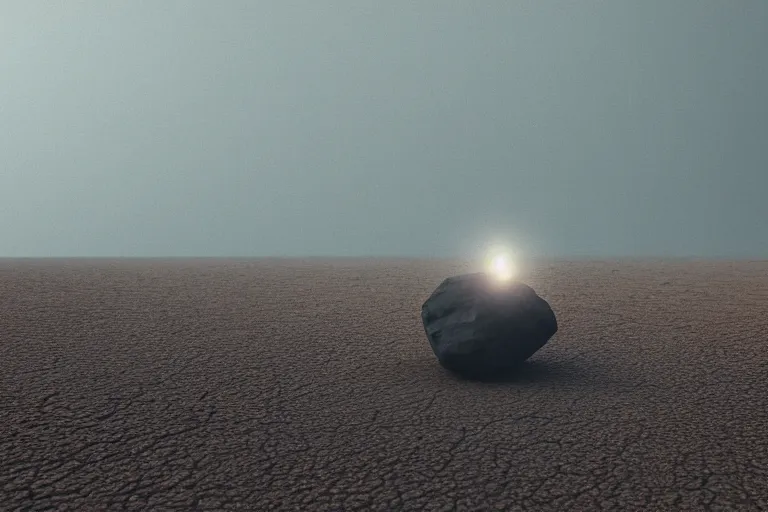 Prompt: a single massive dark rock levitating in desert, floating, octane render, cinematic, blade runner, Imax, dramatic composition and lighting, strange, weird, award winning photography, dreamlike, 8k,