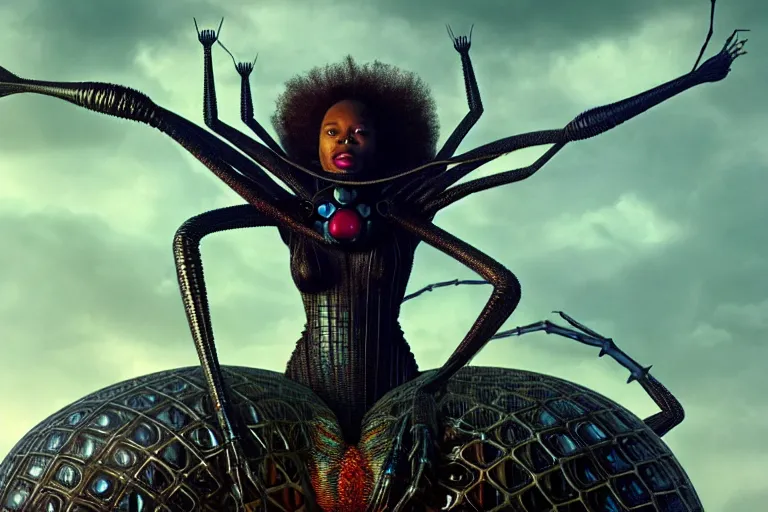 Image similar to realistic detailed closeup portrait movie shot of a beautiful black woman riding a giant spider, dystopian city landscape background by denis villeneuve, amano, yves tanguy, alphonse mucha, max ernst, kehinde wiley, caravaggio, roger dean, cyber necklace, rich moody colours, sci fi patterns, wide angle