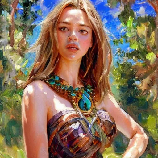 Image similar to sydney sweeney with wooden jewelry, mediterranean features, fantasy character portrait by Michael Garmash, Donato Giancola