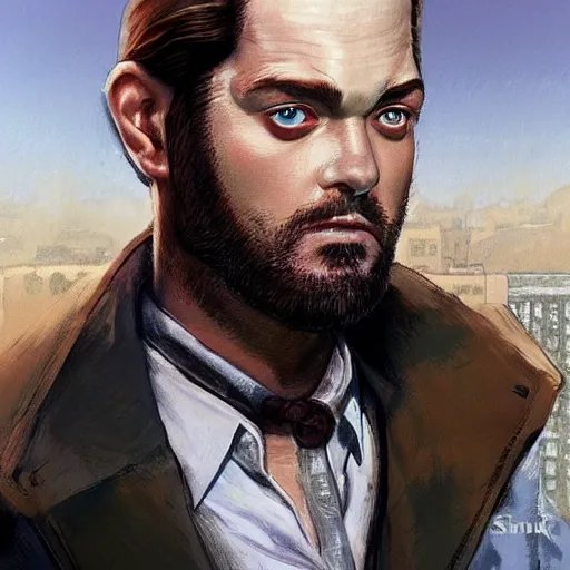 Image similar to beautiful portrait of a man with a short-beard blue eyes(looking like joshua jackson and aaron paul, sean bean), in the style of Enki Bilal and Joe Jusko and Alex Ross, trending on artstation