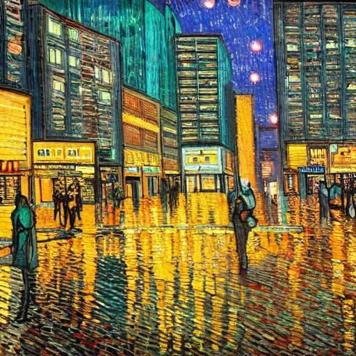 Image similar to painting of a cyberpunk city with high tech and flying cars in the style of vincent van gogh