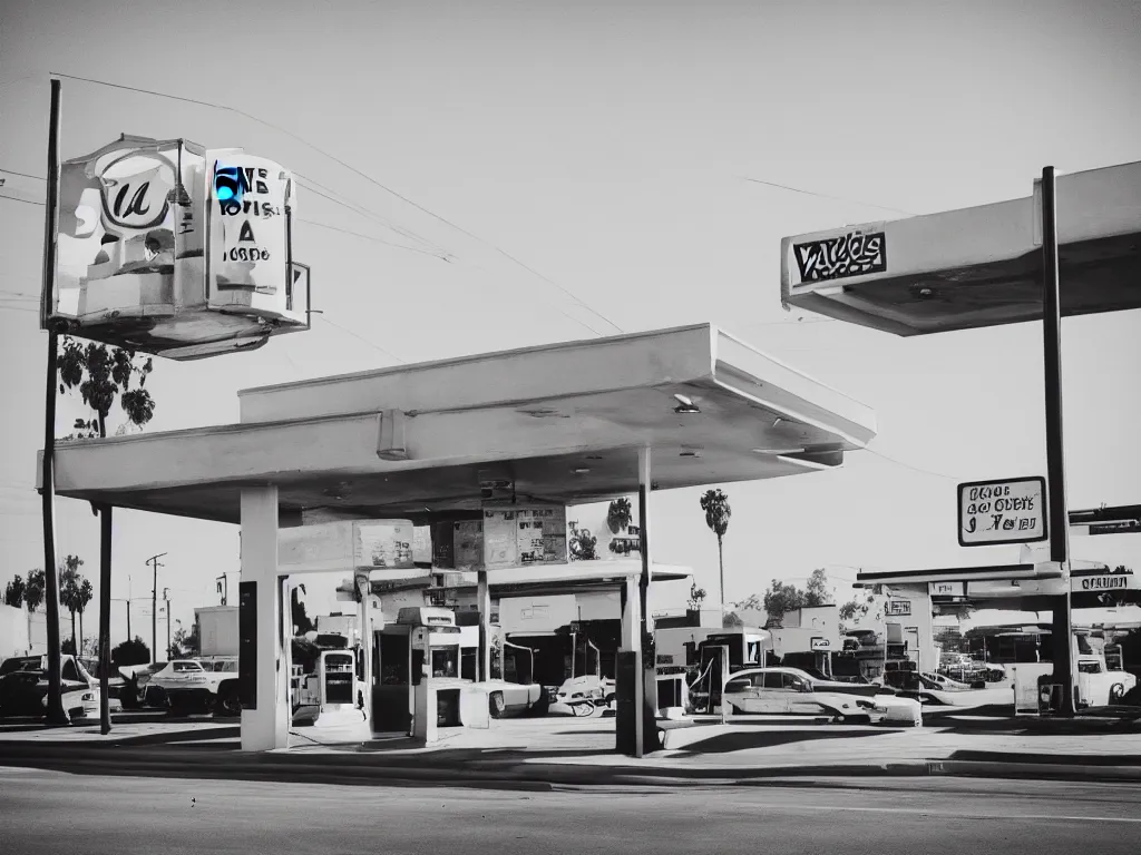 Image similar to “A black and white 35mm photo of a vintage gas station in Los Angeles”