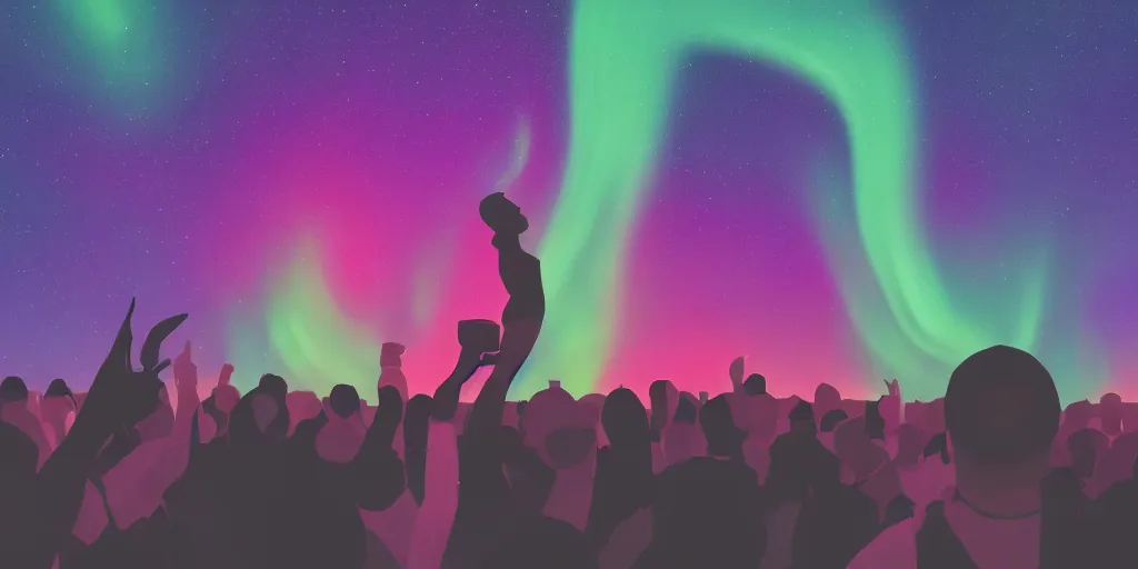 Image similar to microphone held forward, foreshortening, silhouette, huge crowd, outrun, hip hop, digital art, Aurora borealis, trending on Artstation, professional artist, detailed, 4k