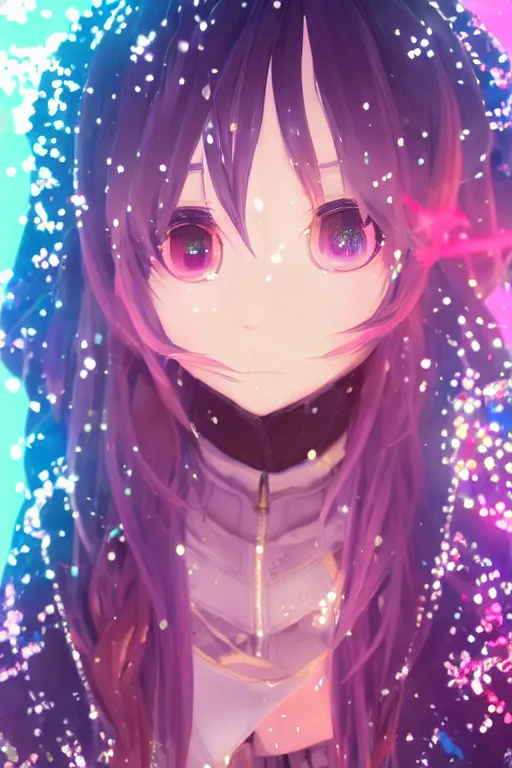 Prompt: portrait of a kawaii 3d anime character with cute sparkly eyes wearing a holographic hoodie kawaii deco fashion long hair with pastel colors in the style of code vein by Kurumi Kobayashi Koichi Itakura, 3d anime, octane render dynamic dramatic lighting with glitch and chromatic abbreviations effects artstation cgsociety imaginefx by anime concept artist rendered in unreal engine by WENJR WLOP artgerm