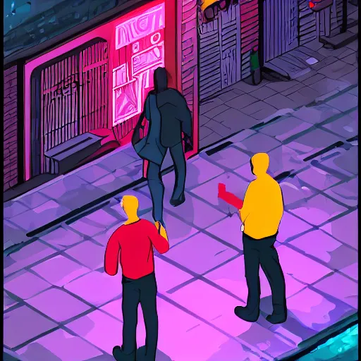 Prompt: two people arguing, detailed digital illustration by matt zeilinger, cyberpunk back alley, nighttime, colorful lighting, android netrunner