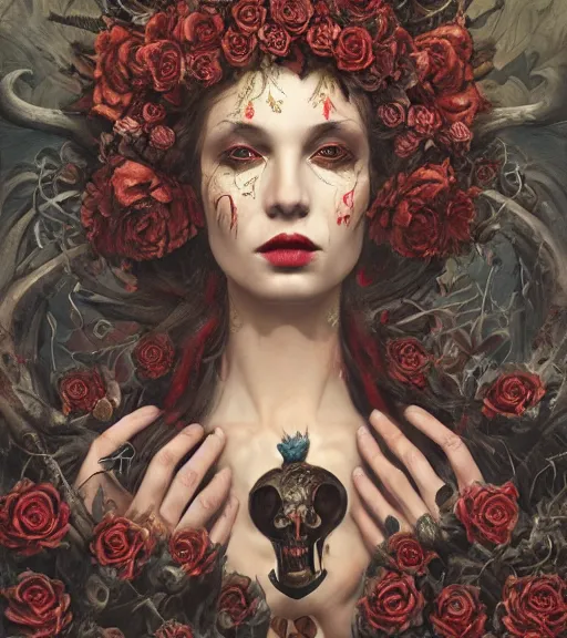 Image similar to portrait of the supreme queen of the blood cult, surrounded by skulls and overgrowth and dark flowers by karol bak, James Jean, tom bagshaw, rococo, trending on artstation, cinematic lighting, hyper realism, octane render, 8k, hyper detailed.