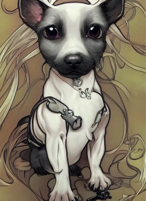 Image similar to the cutest lil puppy you ever did see takeshi obata, art by artgerm and and alphonse mucha, art by loish, wlop