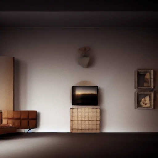 Prompt: wide shot of a completely dark family room in a house, at the bottom of a baseboard dim light emanates from a mouse hole, 8K, 4K, digital art, concept art, art station, solace, tranquil, dusty.