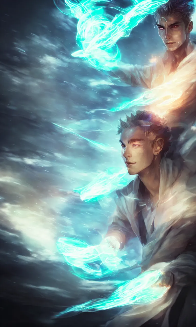 Image similar to a human elemental sorcerer, blurred environment background, magic effects, white skin, portrait, male, sharp focus, digital art, concept art, post processed, dynamic lighting, by emylie boivin and rossdraws