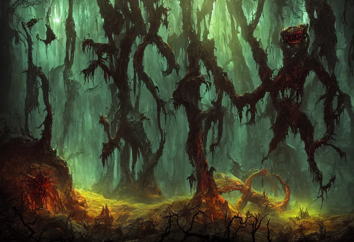 Prompt: demonic creature full of ooze and slime creeping in the dark alien forest, colorfully ominous galaxy in background, minimalism, hyper realism, matte painting, realistic, dramatic lighting, octane render, highly detailed, cinematic lighting, cinematic, volumetric, by rutkowsky and gerald brom and frazetta and rembrandt