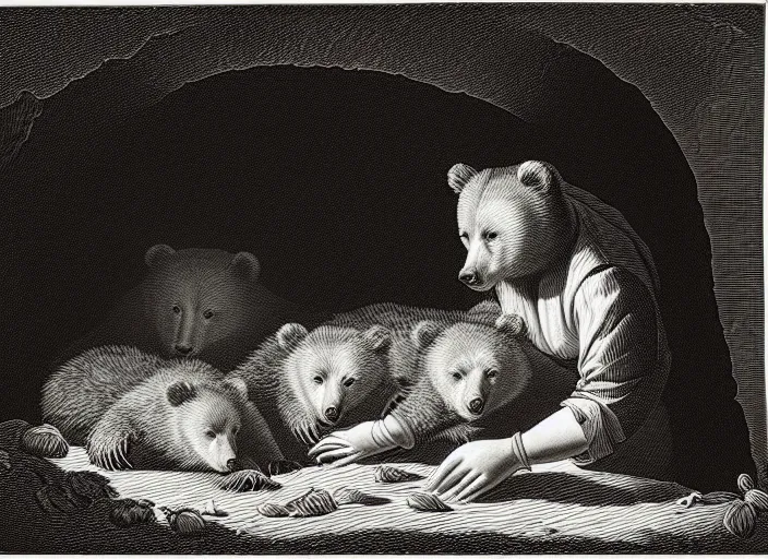 Prompt: Pieter Claesz's 'mother bear and her cubs sleeping in a dark cave', night time, cross hatching, framed