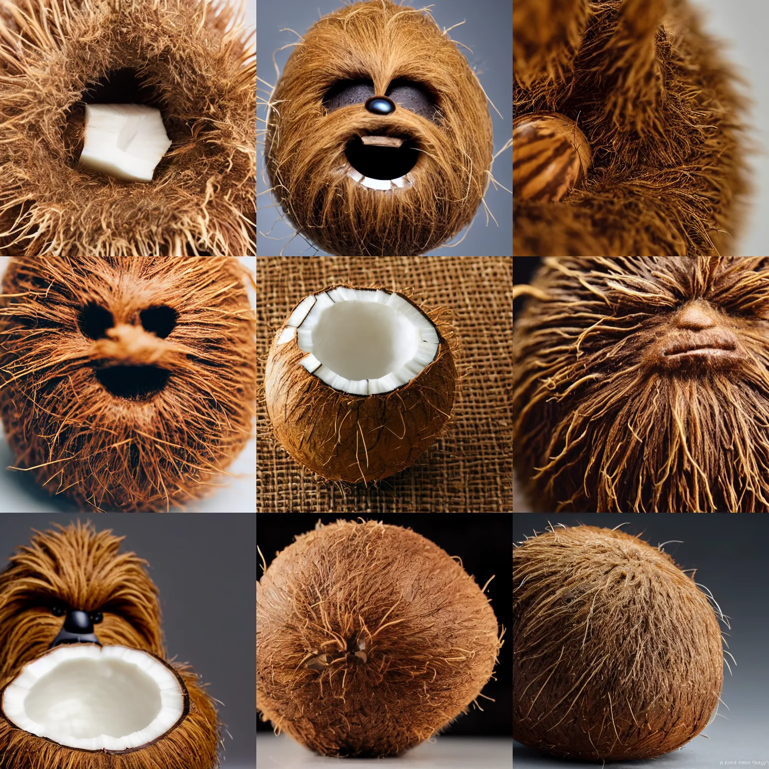 Prompt: a coconut that looks like chewbacca, macro lens, high quality, studio lighting