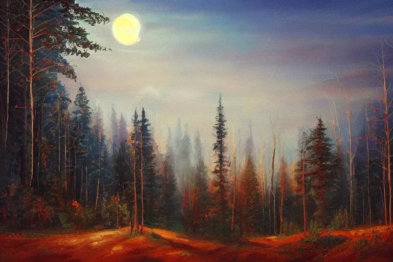 Image similar to A beautiful painting of The edge of the Russian forest in summer at night, Trending on artstation.