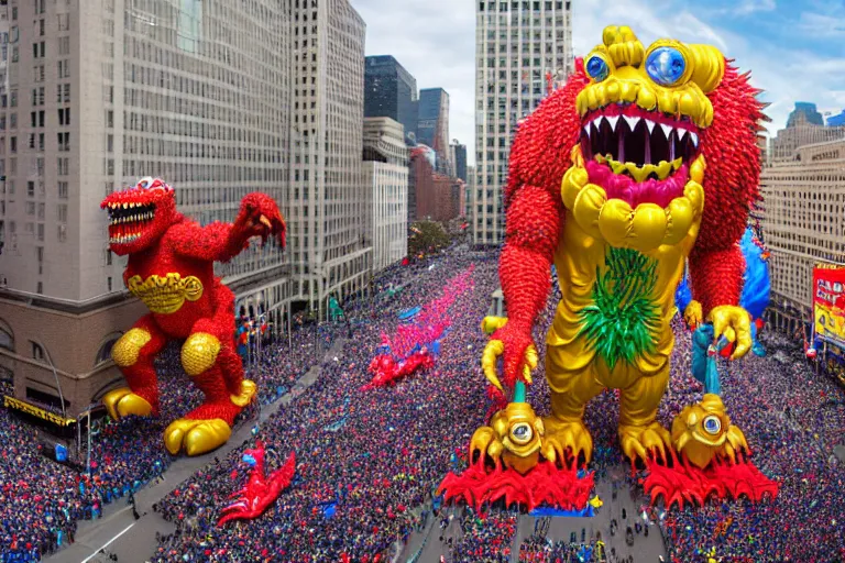 Image similar to photo of giant beautiful elaborate parade float monster designed by greg rutowski and geof darrow, in the macys parade, detailed 4 k photo, gigapixel, hyperdetailed