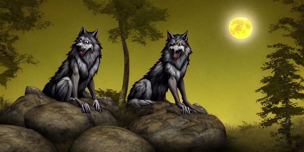 Image similar to A werewolf sitting on a rock, woodland creek, realistic, yellowish full moon