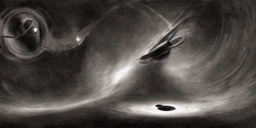 Prompt: cinematic painting of a spaceship traveling through a black hole, by rembrandt
