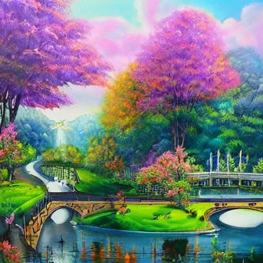 Prompt: Beautiful city of the future in harmony with nature. Nice colour scheme, soft warm colour. Beautiful painting by Lurid. (2022)