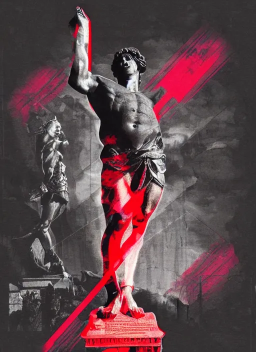 Image similar to dark design poster showing a statue of hercules, black background with very subtle red and purple design elements, powerful, nekro, guido crepax, graphic design, collage art, dark, glitch art, neo vaporwave, gritty, layout frame, square, trending on artstation