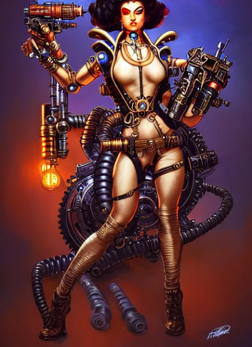 Image similar to front portrait of attractive Lady Mechanika standing while holding retro guns that wrap their arms, Intricate steampunk imagery , D&D!, fantasy style, sharp focus!, ultra detailed, art by Artgerm and Peter Andrew Jones, WLUP