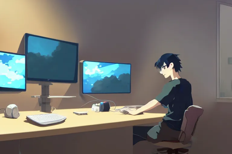 Image similar to a nerdy boy is programming at a computer in a room full of gadgets, screens all over the walls, by makoto shinkai and ghibli studio, dramatic lighting, highly detailed, incredible quality, trending on artstation