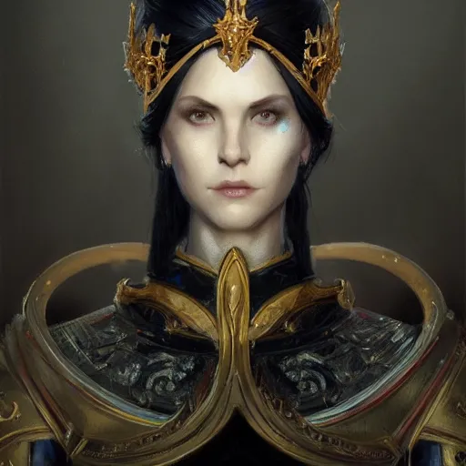 Image similar to portrait of a fantasy tall woman with black hair pale skin and a crown on her head, intricate baroque armour, glowing aura, trending on artstation, 4 k, greg rutkowski, concept art, matte painting,